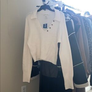 White Ribbed Button-Detail Sweater Top